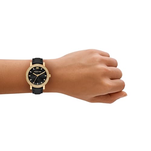 Michael Kors Corey Three-Hand Black Leather Watch for Women Fashionable Casual Wear Google Analytics Tracking Premium Qu